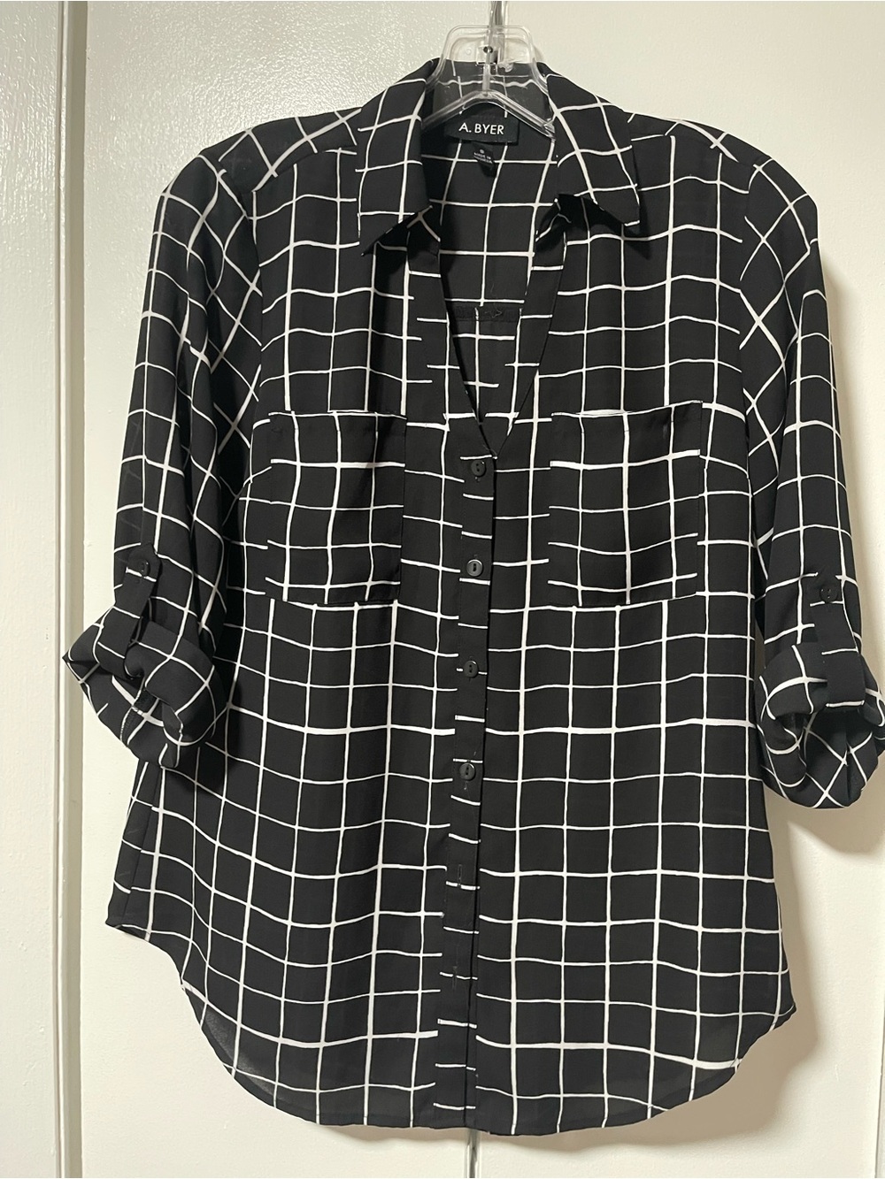A. Byer Black and White Grid Button-Down Blouse